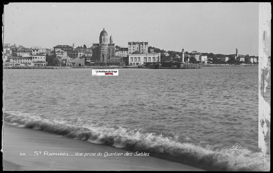 Plaque verre photo, négatif noir & blanc 9x14 cm, Saint-Raphaël, mer, bateau