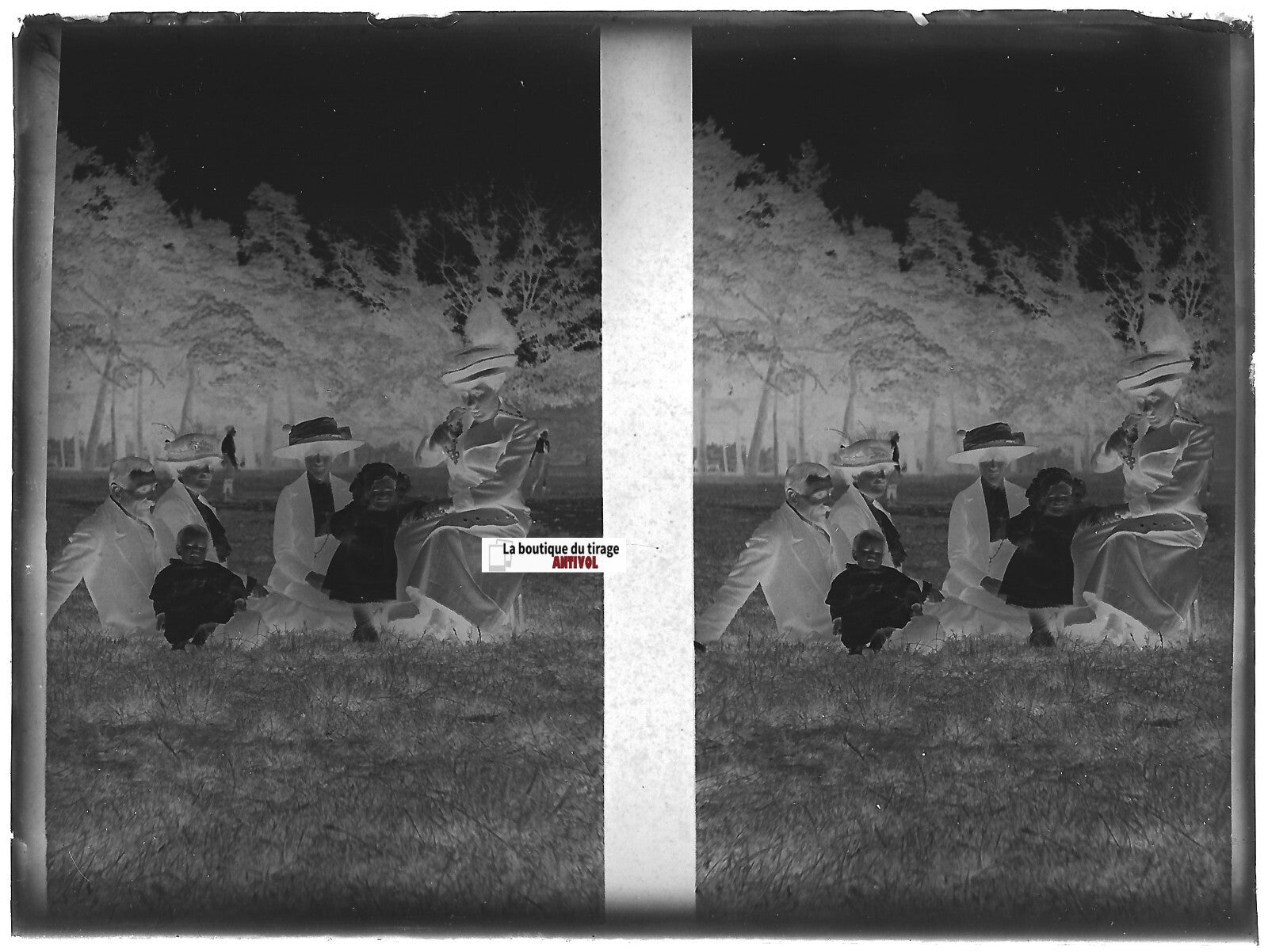 Famille, diptyque, Plaque verre photo ancienne, négatif noir & blanc 9x12 cm