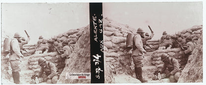 Alerte aux gaz, tranchée guerre WW1, plaque verre stéréo, photo 4,5x10,7 cm