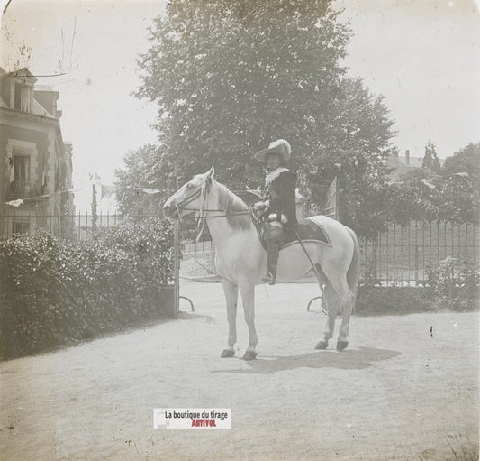 Cavalier tenue d’époque, cheval, plaque verre stéréo, photo ancienne 4,5x10,7 cm