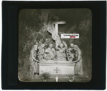 Mise au tombeau Christ, photo plaque verre, noir & blanc, positif 8,5x10 cm