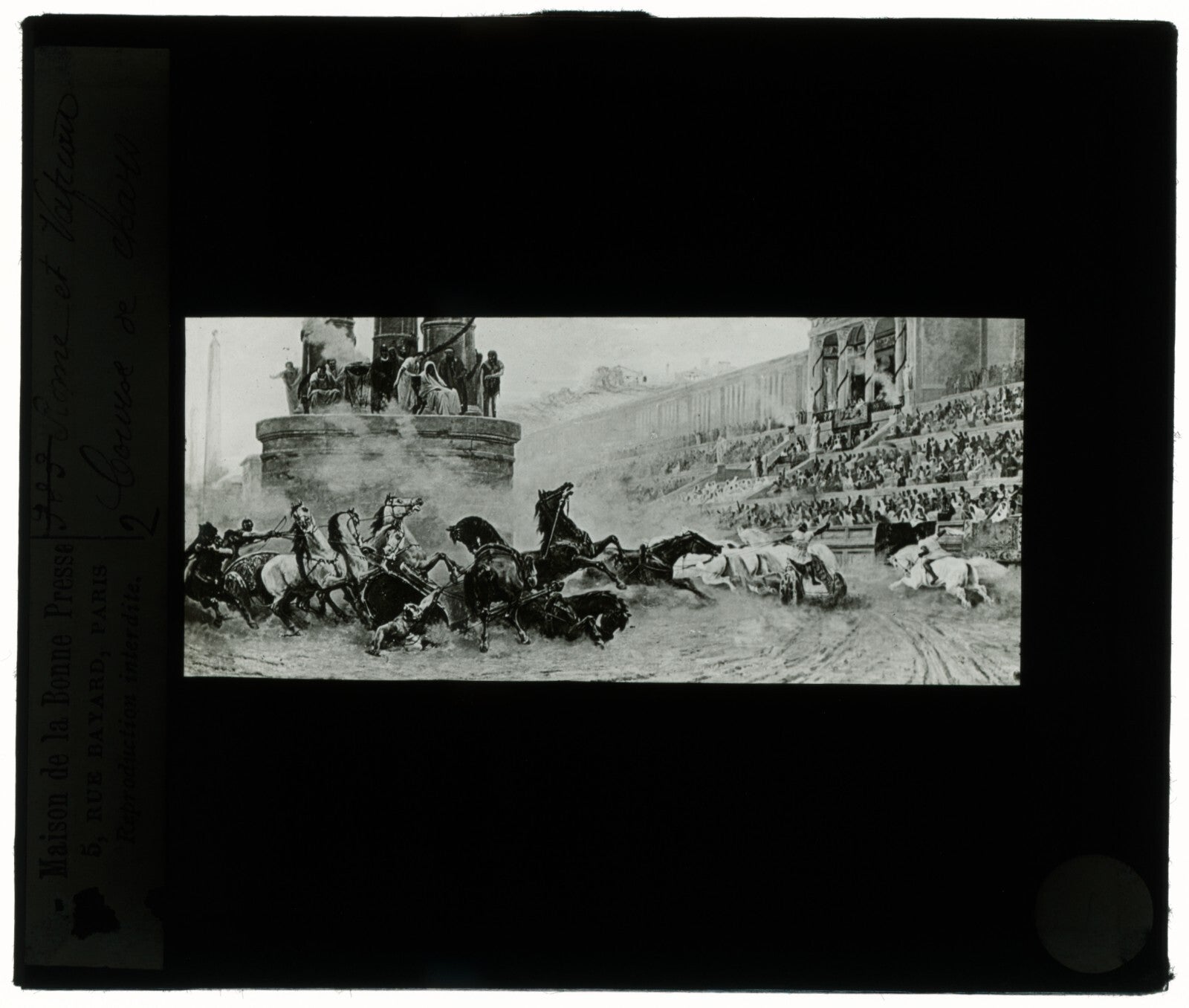 Course de chars, dessin, Rome, photo ancienne plaque de verre, positif 8,5x10 cm