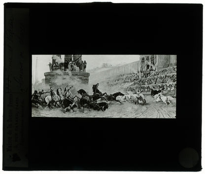 Course de chars, dessin, Rome, photo ancienne plaque de verre, positif 8,5x10 cm