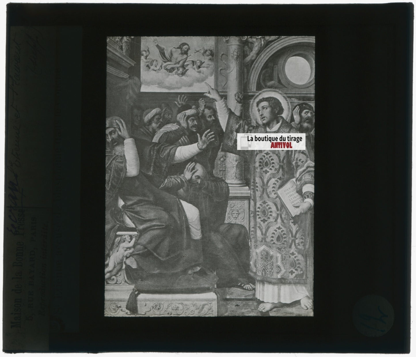 Scène religieuse, dessin, plaque de verre, noir & blanc, positif 8,5x10 cm