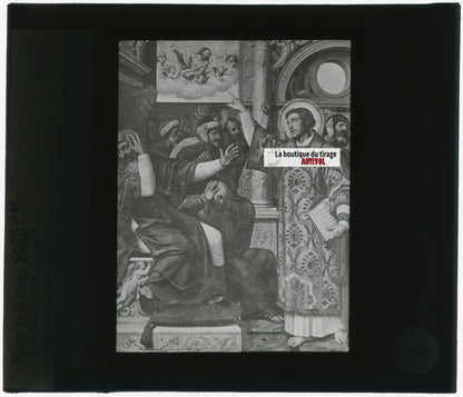 Scène religieuse, dessin, plaque de verre, noir & blanc, positif 8,5x10 cm