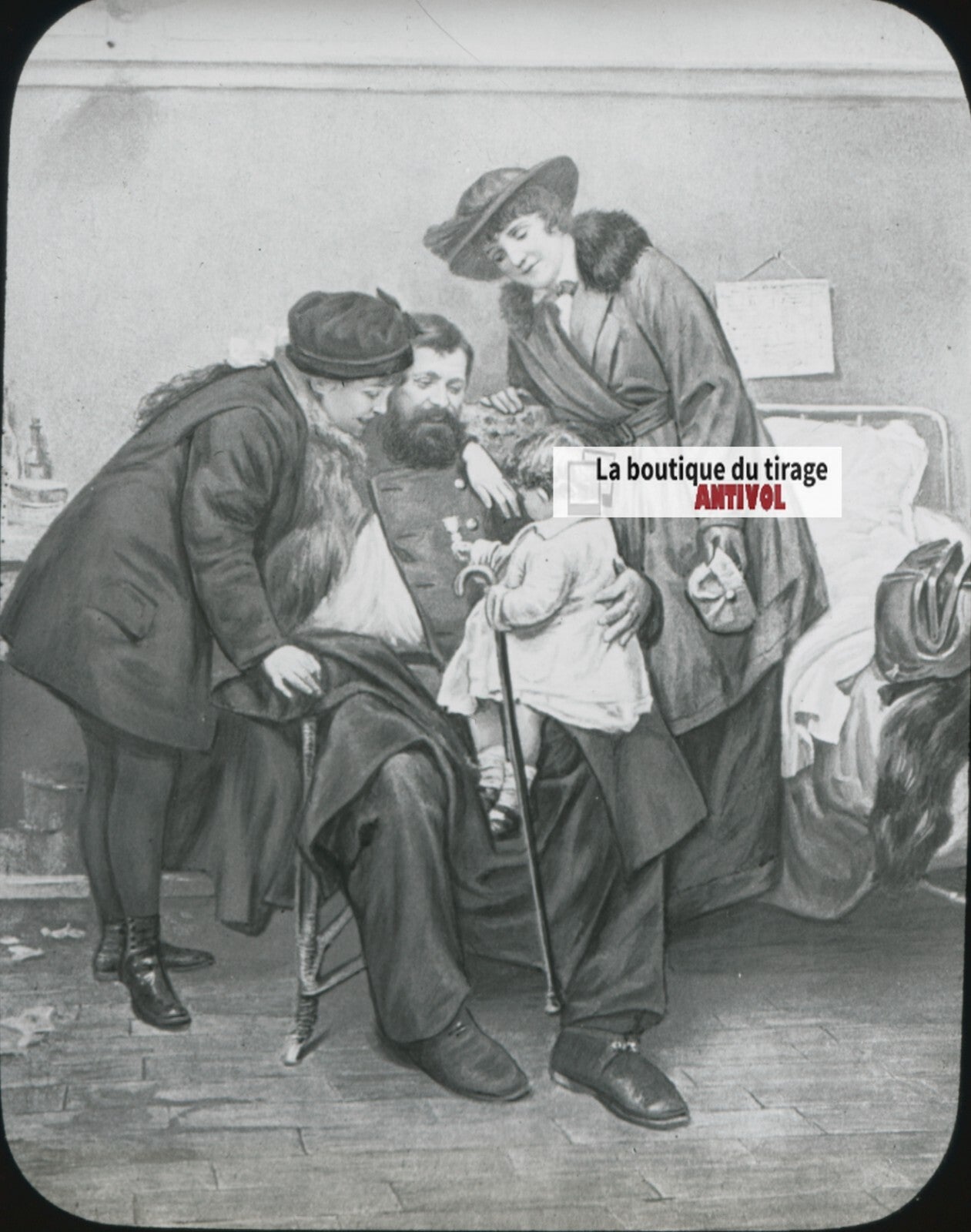 Dessin Guerre 14-18 retrouvailles, plaque verre, noir & blanc, positif 8,5x10 cm