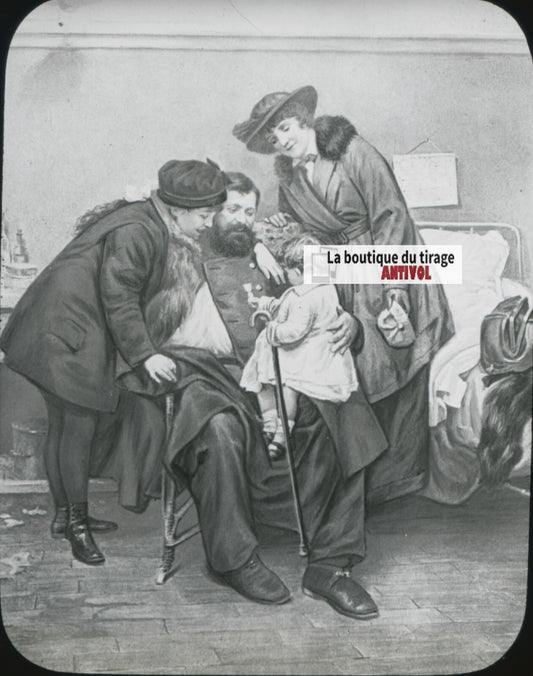 Dessin Guerre 14-18 retrouvailles, plaque verre, noir & blanc, positif 8,5x10 cm