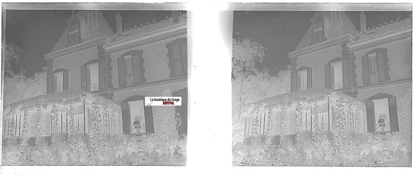 Manoir, fillette, Plaque verre photo stéréo, négatif noir & blanc 4,5x10,7 cm