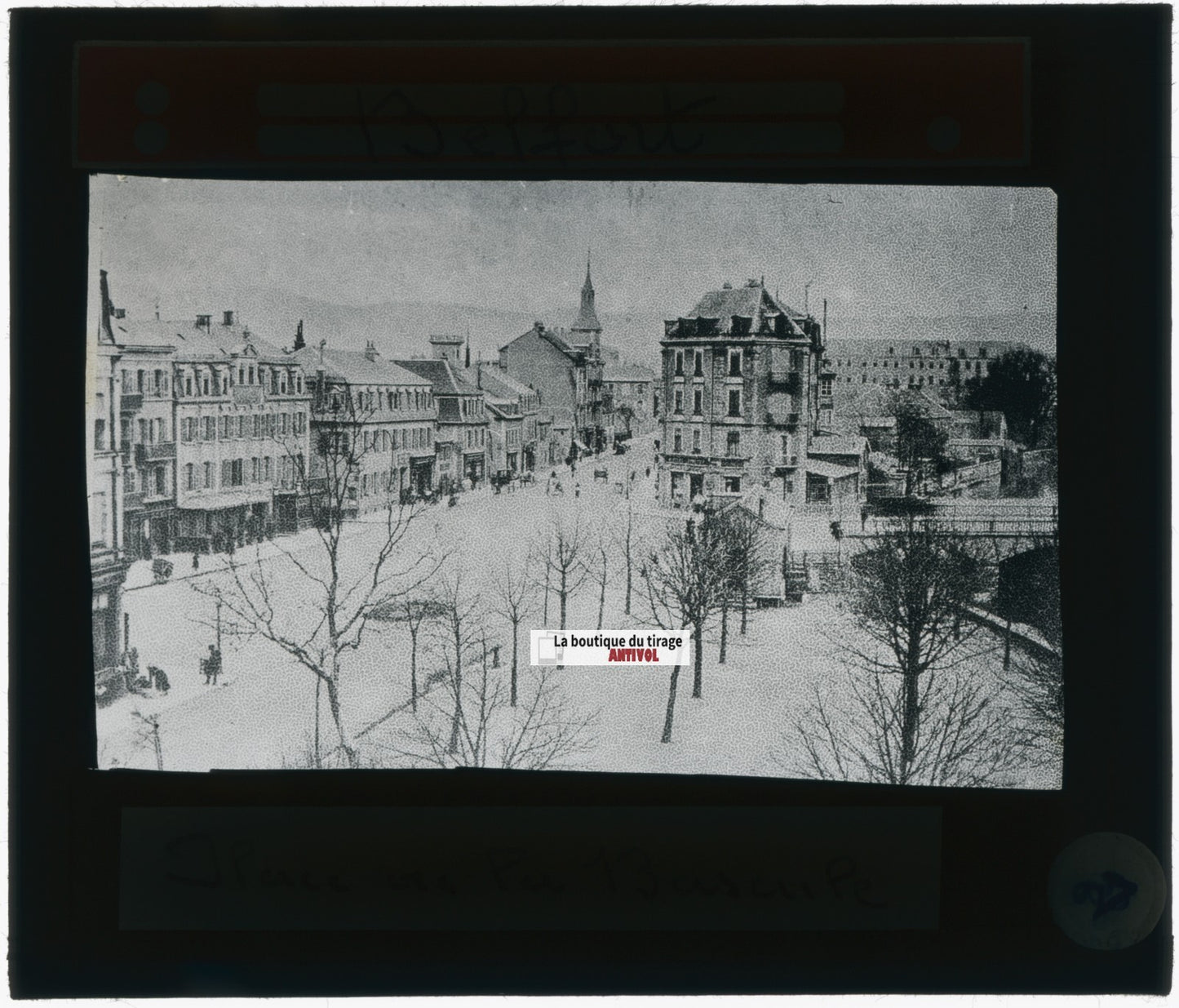 Place Bascule, Belfort, photo plaque verre, noir & blanc, positif 8,5x10 cm