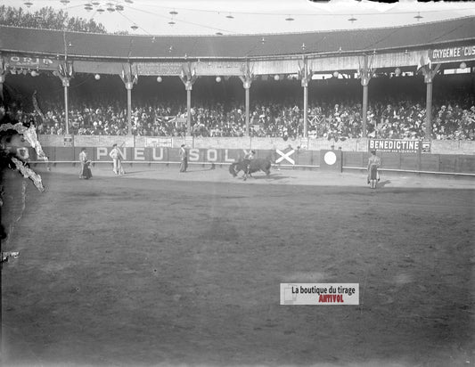 Corrida, taureau, arène, torero, plaque verre photo ancienne, négatif 9x12 cm
