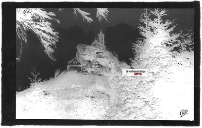 Plaque verre photo, négatif noir & blanc 9x14 cm, Dabo, Chapelle et hôtel, forêt