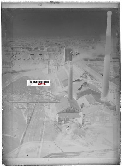 Usine, industrie, Plaque verre photo ancienne, négatif noir & blanc 6x9 cm