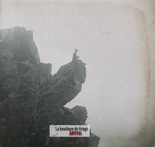 Promeneur au sommet, Vosges, plaque verre stéréo, photo ancienne 4,5x10,7 cm