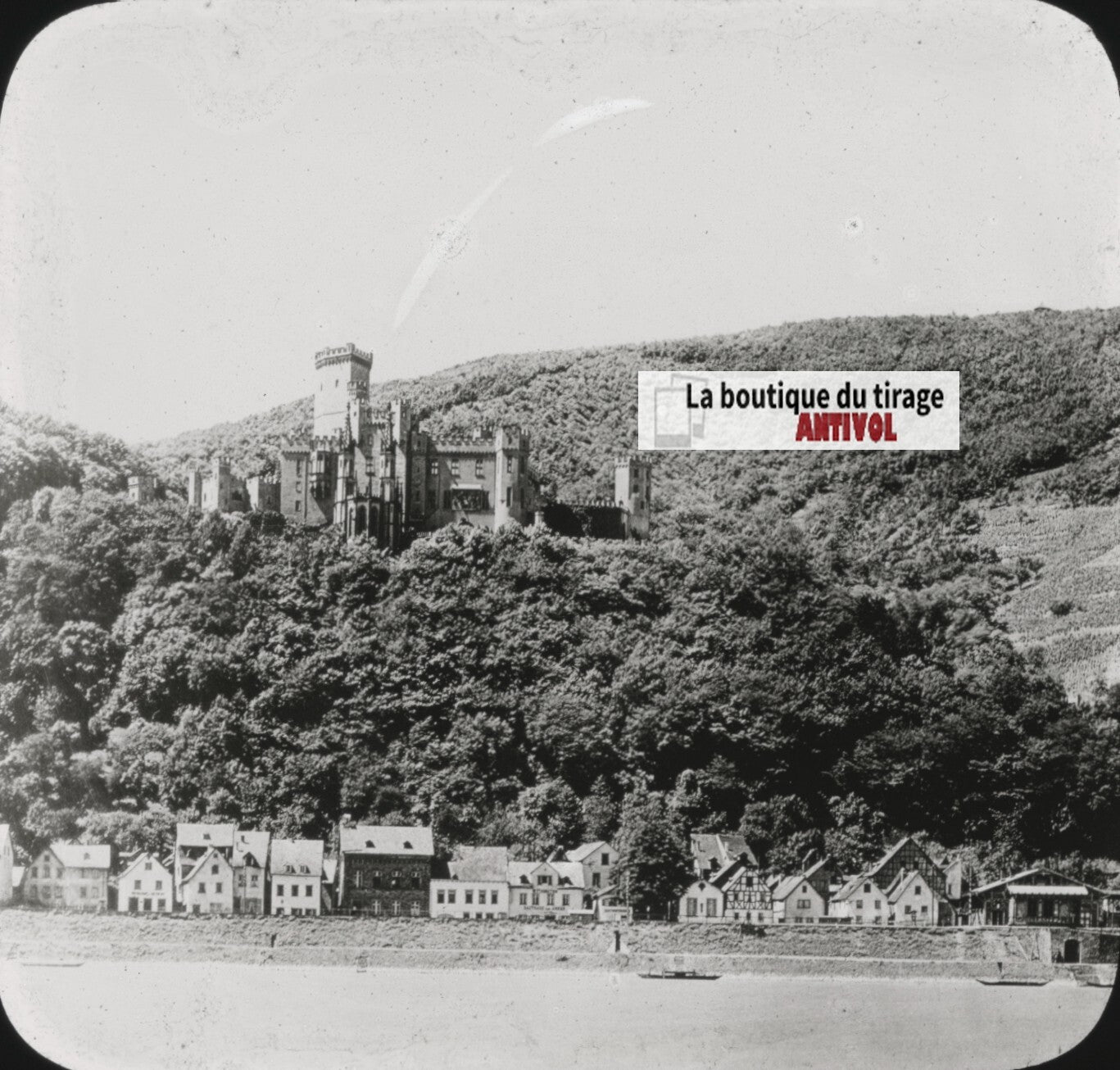 Château de Stolzenfels, Coblence, photo ancienne plaque verre, positif 8,5x10 cm
