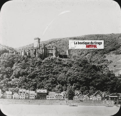 Château de Stolzenfels, Coblence, photo ancienne plaque verre, positif 8,5x10 cm