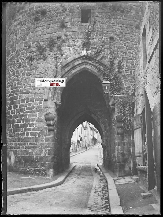 Dinan, Porte du Jerzual, Plaque verre photo, négatif noir & blanc 9x12 cm