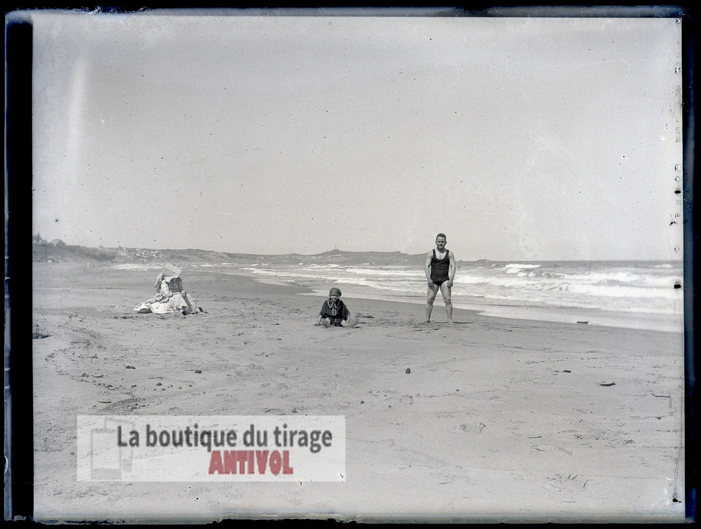 Famille mer, Oran, Algérie, plaque verre, photo ancienne, négatif 9x12 cm