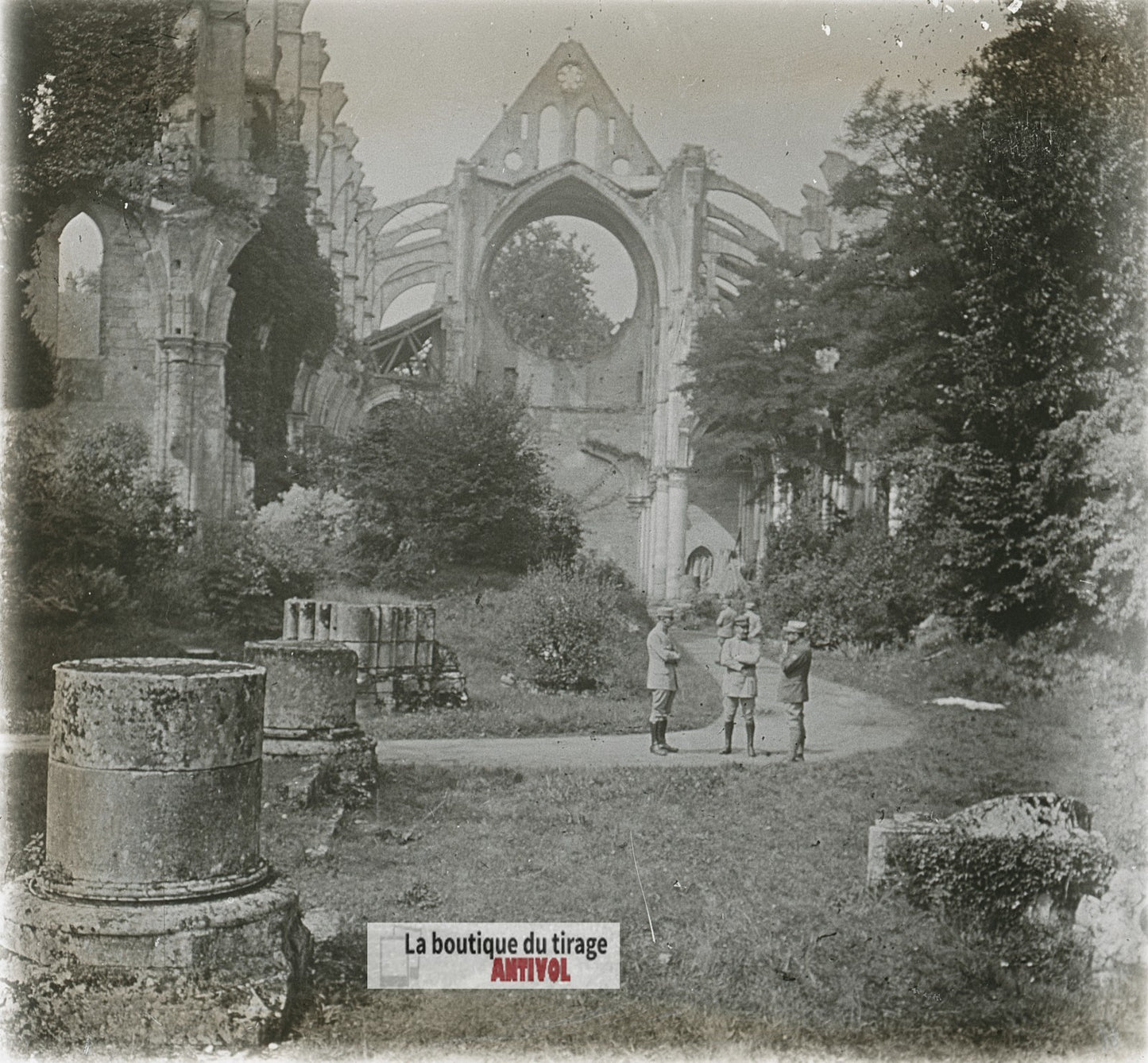 Abbaye de Longpont, guerre WW1, plaque verre photo ancienne stéréo 6x13 cm