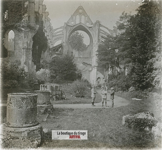 Abbaye de Longpont, guerre WW1, plaque verre photo ancienne stéréo 6x13 cm