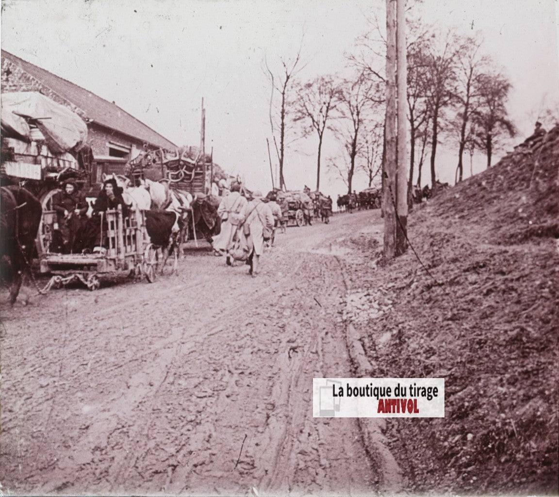 L’Exode, Somme, guerre WW1, plaque verre stéréo, photo ancienne 4,5x10,7 cm