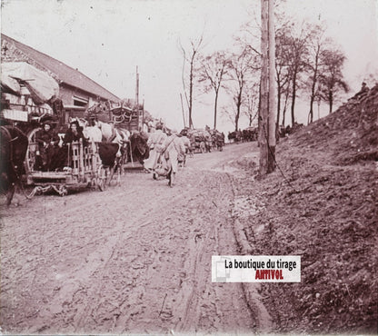 L’Exode, Somme, guerre WW1, plaque verre stéréo, photo ancienne 4,5x10,7 cm