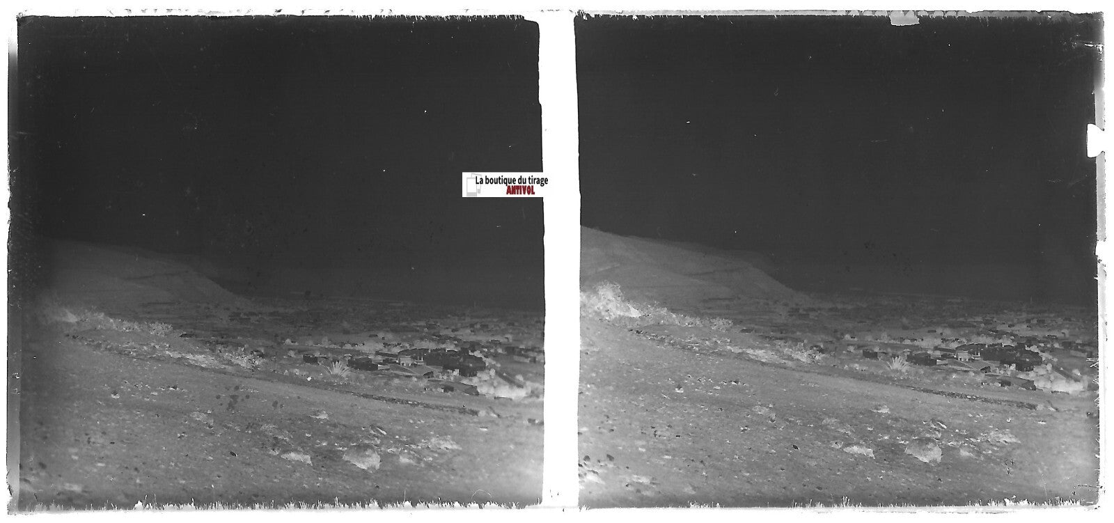 Paysage, Plaque verre photo stéréoscopique, négatif noir & blanc 6x13 cm