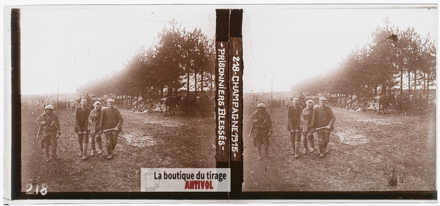 Champagne, prisonniers, guerre WW1, plaque verre photo ancienne stéréo 6x13 cm