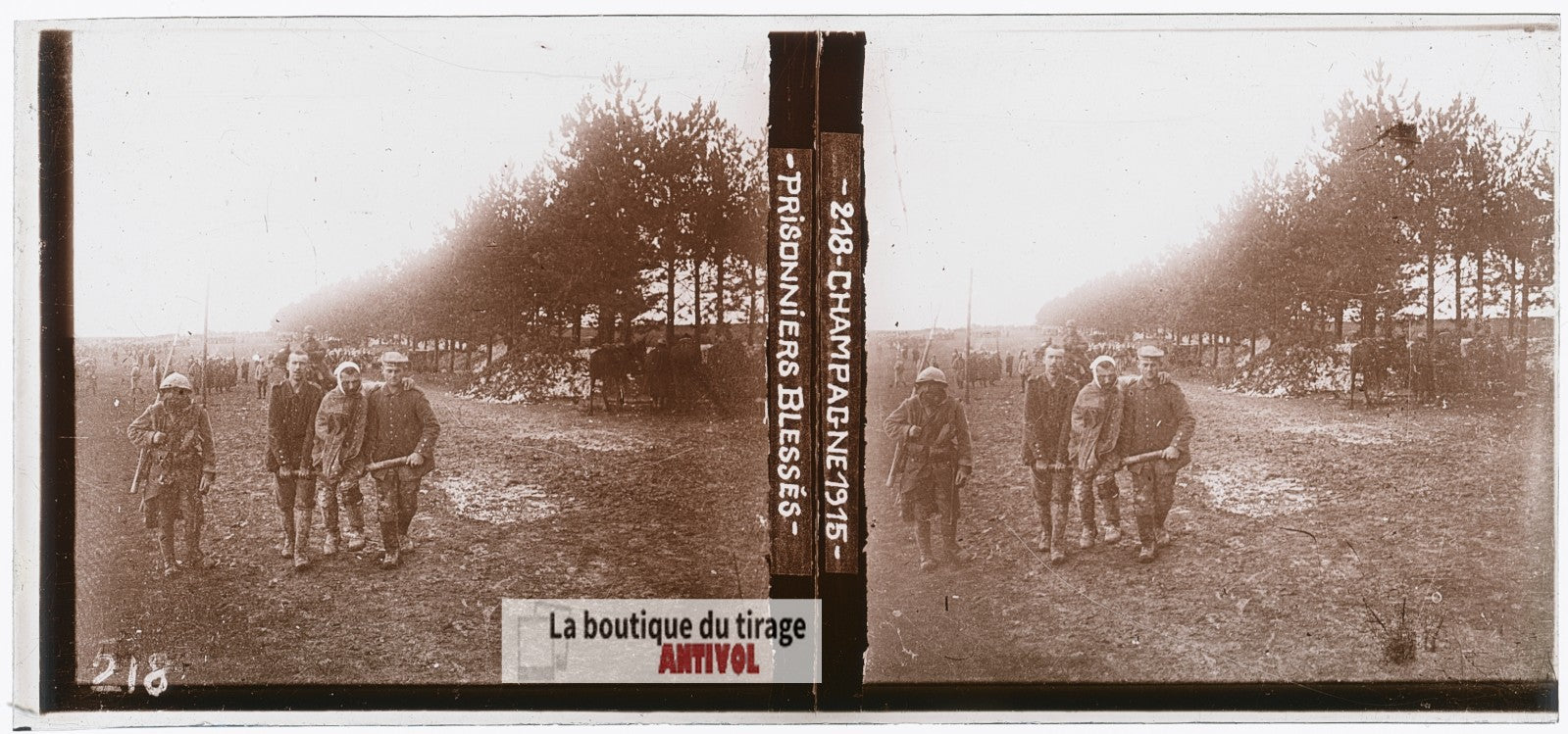 Champagne, prisonniers, guerre WW1, plaque verre photo ancienne stéréo 6x13 cm