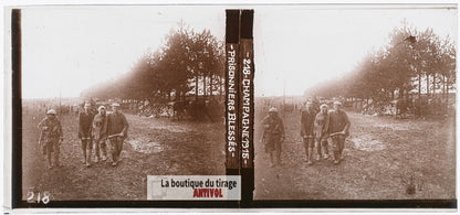 Champagne, prisonniers, guerre WW1, plaque verre photo ancienne stéréo 6x13 cm