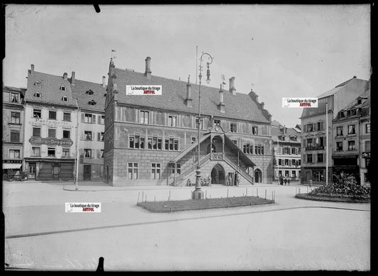 Plaque verre photo négatif noir et blanc 13x18 cm Mulhouse Hôtel de Ville soldat