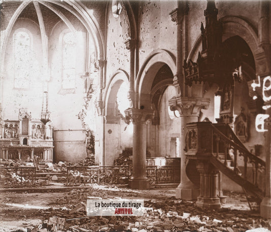 Mont-Saint-Éloi, église, guerre WW1, plaque verre stéréo, photo 4,5x10,7 cm