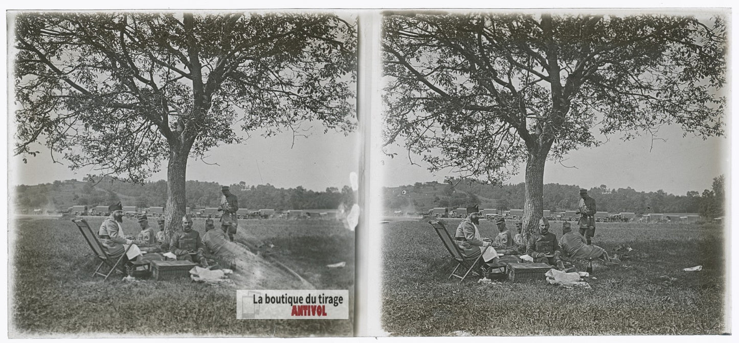 Camions, officiers, WW1, plaque verre photo ancienne stéréo 6x13 cm