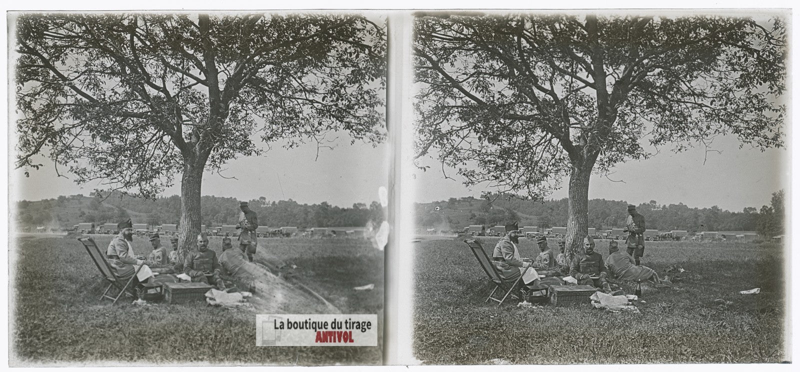 Camions, officiers, WW1, plaque verre photo ancienne stéréo 6x13 cm