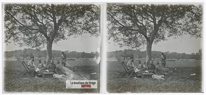 Camions, officiers, WW1, plaque verre photo ancienne stéréo 6x13 cm