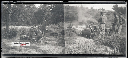 Camp Ruchard, tir de mortier, plaque verre, photo ancienne, négatif N&B 6x13 cm