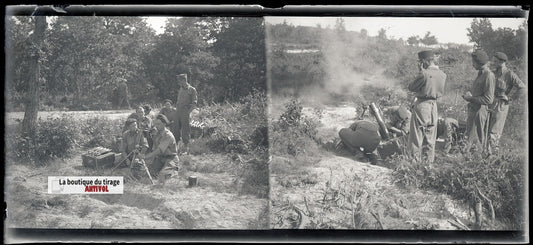 Camp Ruchard, tir de mortier, plaque verre, photo ancienne, négatif N&B 6x13 cm