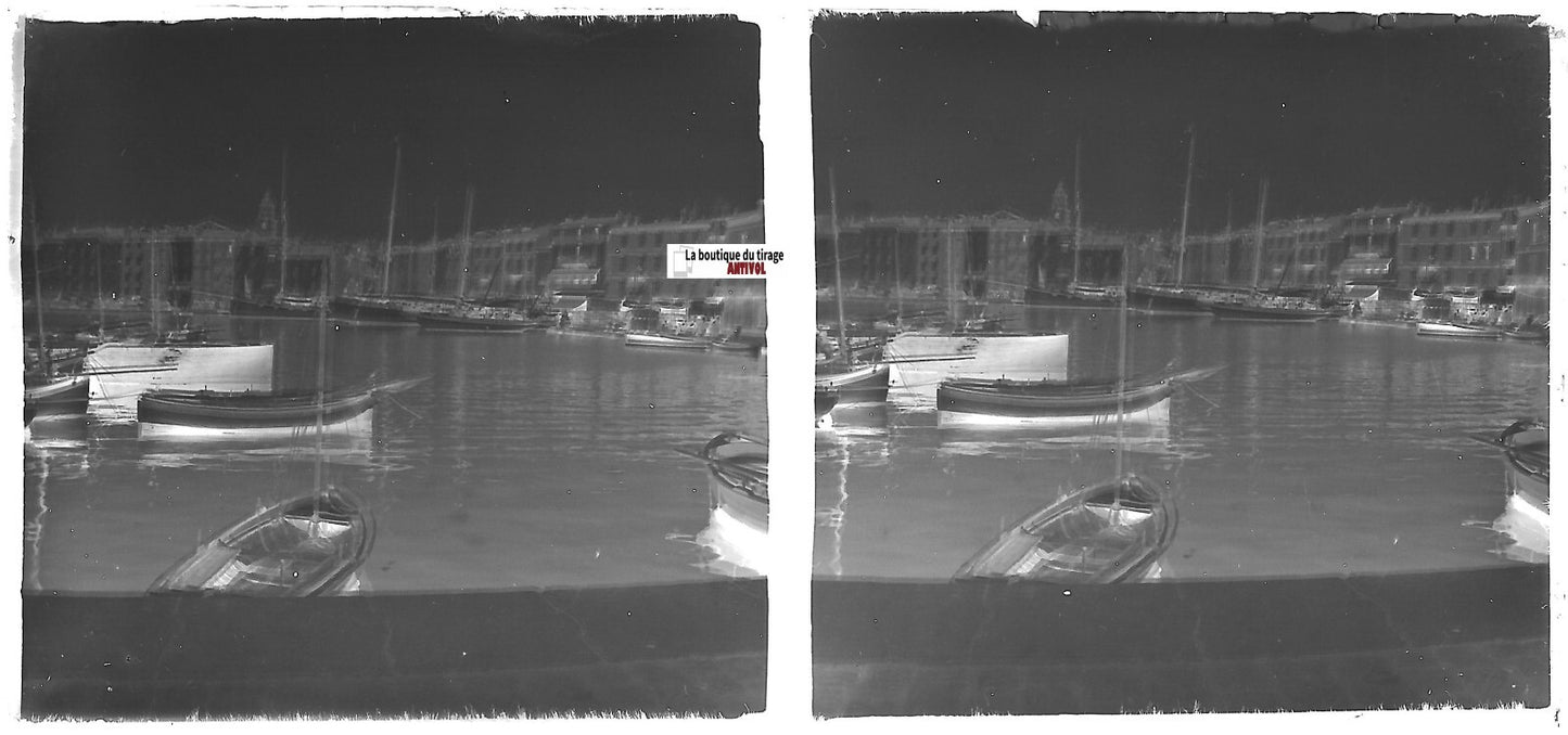 Saint-Tropez, Côte d'Azur, Plaque verre stéréo, négatif noir & blanc 6x13 cm