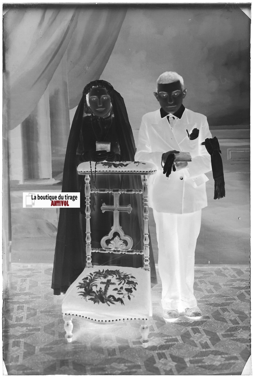 Communion, enfants, Plaque verre photo, négatif noir & blanc 10x15 cm France