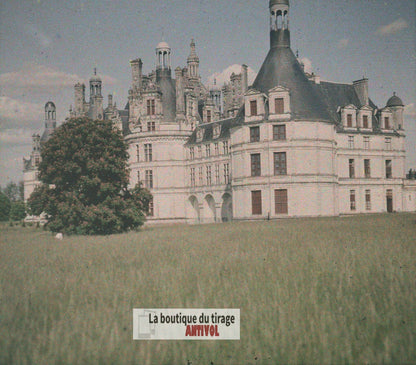Château de Chambord, plaque verre, photo ancienne stéréo 6x13 cm Autochrome