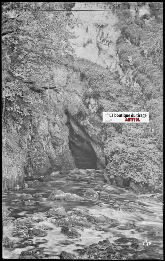 Plaque verre photo ancienne, négatif noir & blanc 9x14 cm, source du Doubs