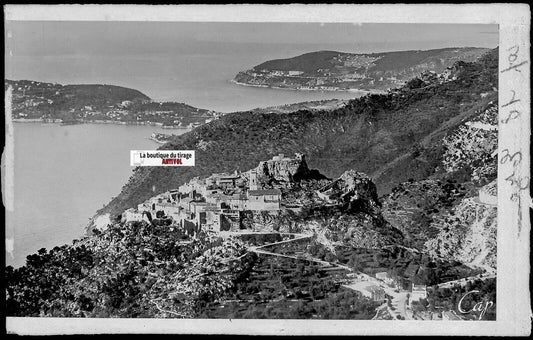 Plaque verre photo ancienne négatif noir & blanc 9x14 cm, Èze, paysage, mer