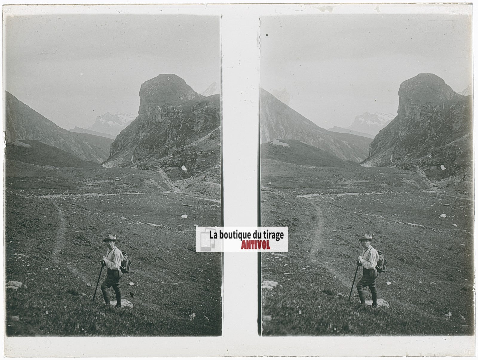 Randonnée, Alpes Suisse, stéréo photo plaque verre, noir & blanc, 9x12 cm