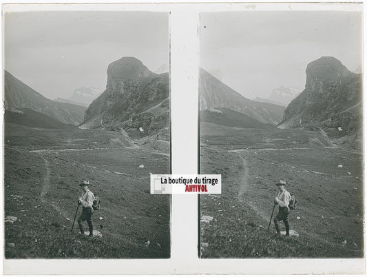 Randonnée, Alpes Suisse, stéréo photo plaque verre, noir & blanc, 9x12 cm