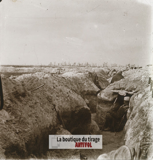 Poste de grenadiers, Aisne, guerre WW1, plaque verre stéréo, photo 4,5x10,7 cm