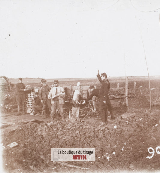 Canon de campagne, guerre WW1, plaque verre stéréo, photo 4,5x10,7 cm
