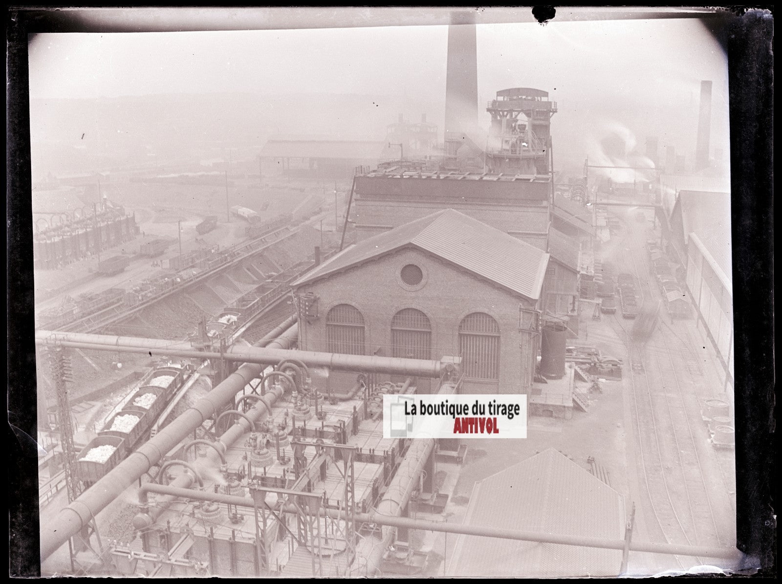 Usine, industrie, photo ancienne plaque verre, négatif noir & blanc, 9x12 cm