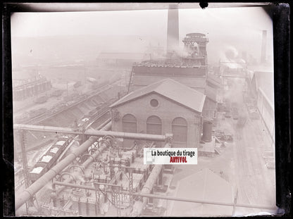 Usine, industrie, photo ancienne plaque verre, négatif noir & blanc, 9x12 cm
