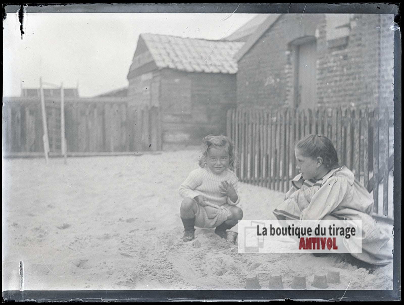 Jeux d'enfants, Berck-Plage, plaque verre photo ancienne, négatif 9x12 cm