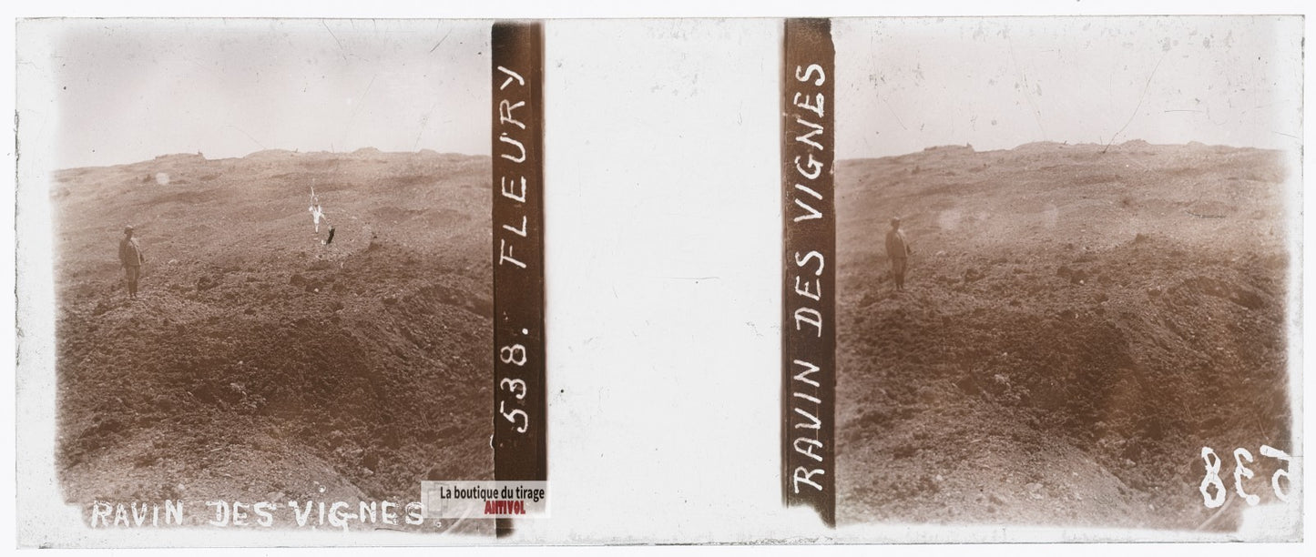 Ravin des Vignes, Fleury, guerre WW1, plaque verre stéréo, photo 4,5x10,7 cm