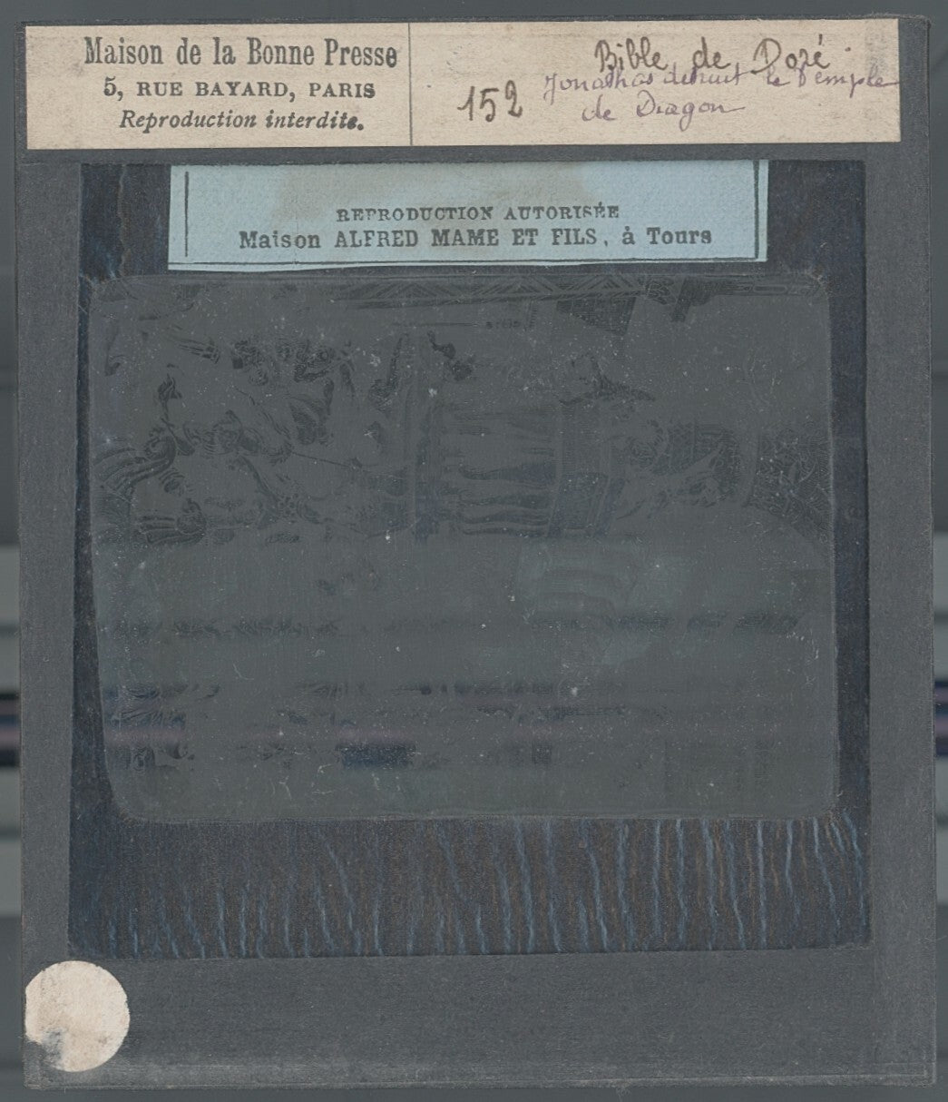 Temple de Dagon, Bible de Doré, dessin, plaque verre, positif 8,5x10 cm